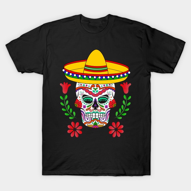 Red Floral Cinco De Mayo Sugar Skull T-Shirt by Atteestude